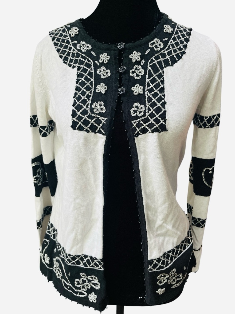 Vintage Storybook Knits Embellished Floral Cardigan Metallic Beading XS